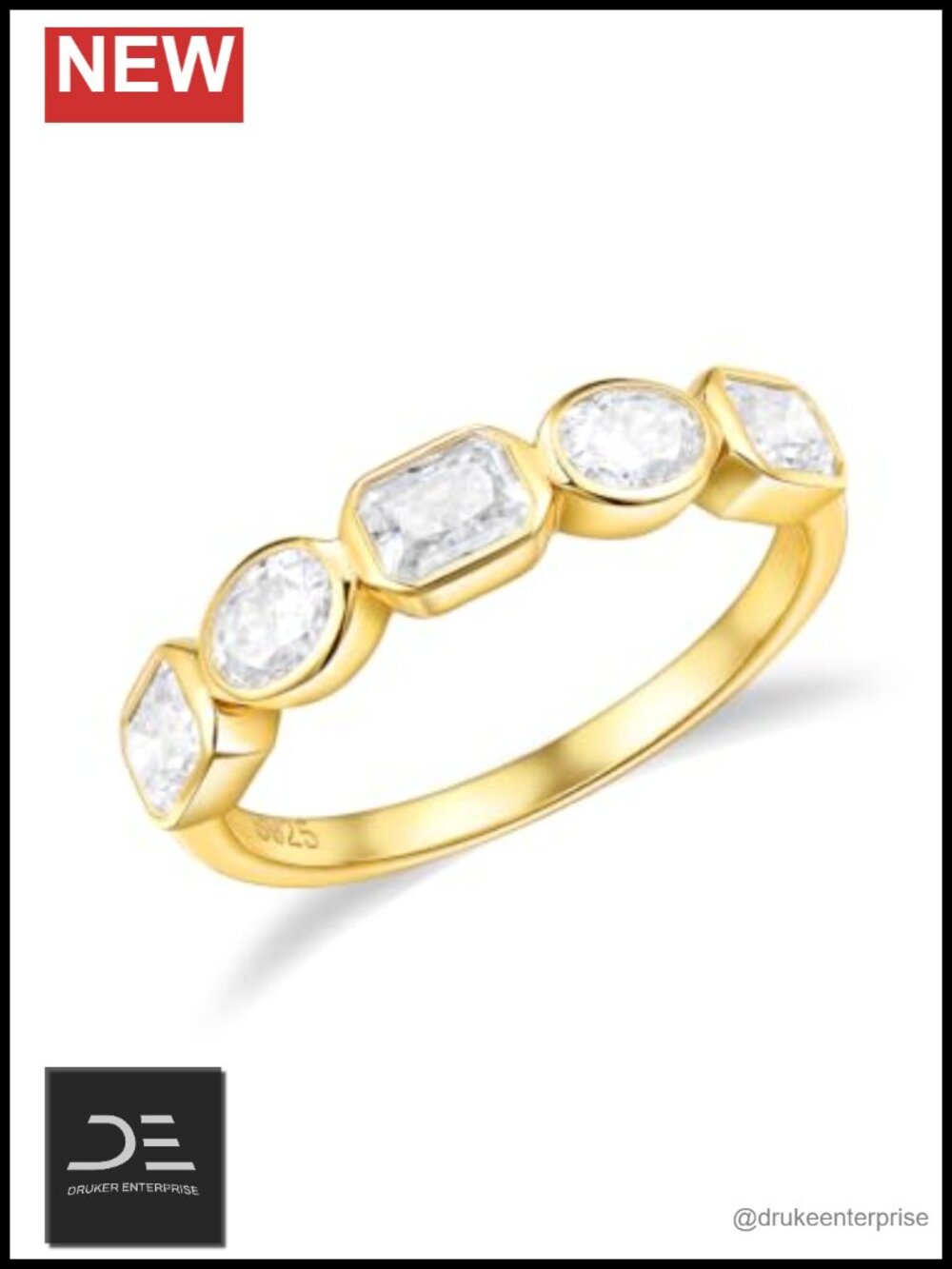925 Sterling Silver Created Emerald Moissanite Eternity Ring, 5 Stone Stackable